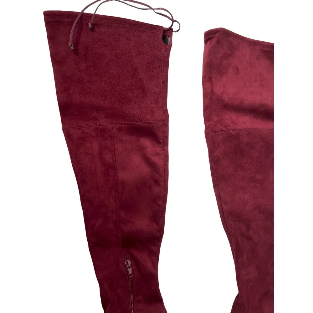 Burgundy Faux Suede Over‎ The Knee Block Heel Boots Pointed Toe Wine Red Size 7